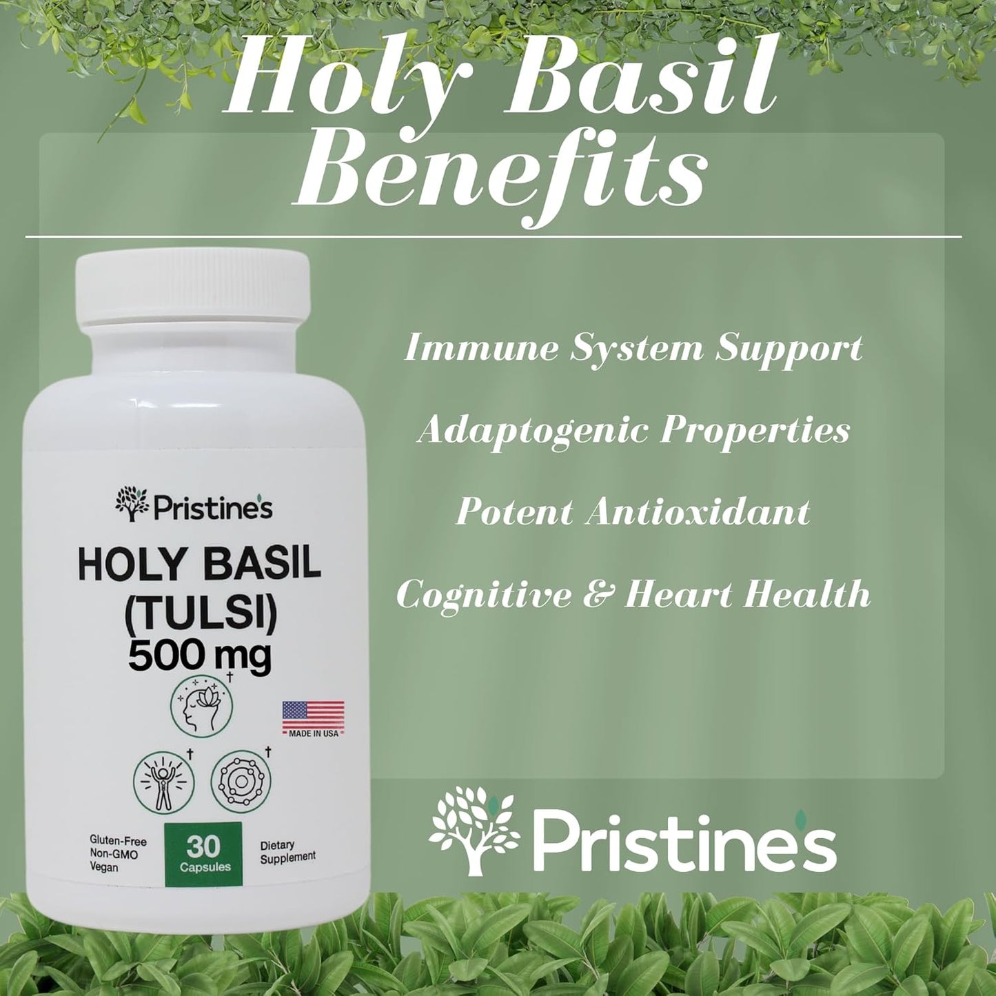 Pristine Holy Basil Leaf Capsules 500MG - Immunity & Relaxation Support - Adaptogen Supplement (3 Pack) - Vegan & Non-GMO - 90 Day Supply