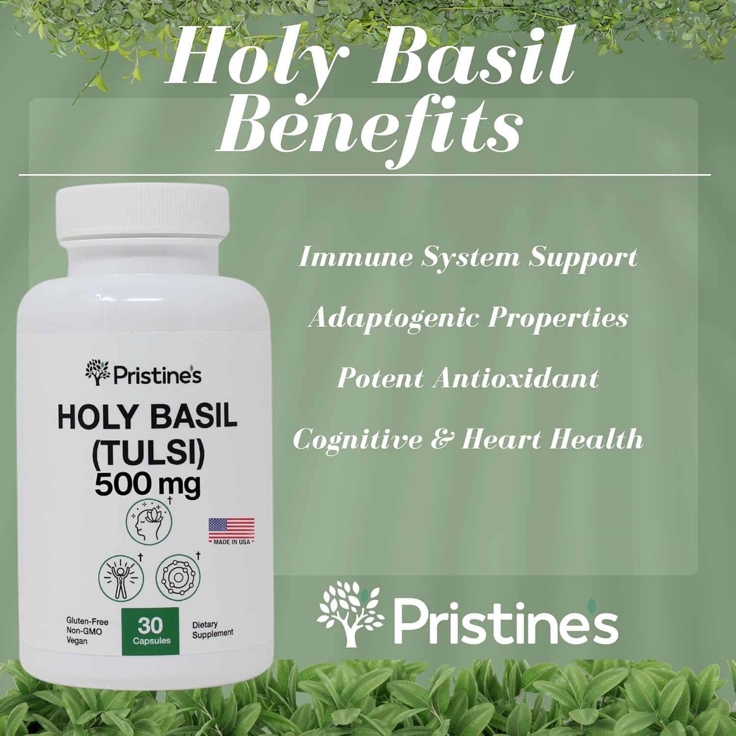 Pristine Holy Basil Leaf Capsules 500MG - Immunity & Relaxation Support - Adaptogen Supplement (3 Pack) - Vegan & Non-GMO - 90 Day Supply