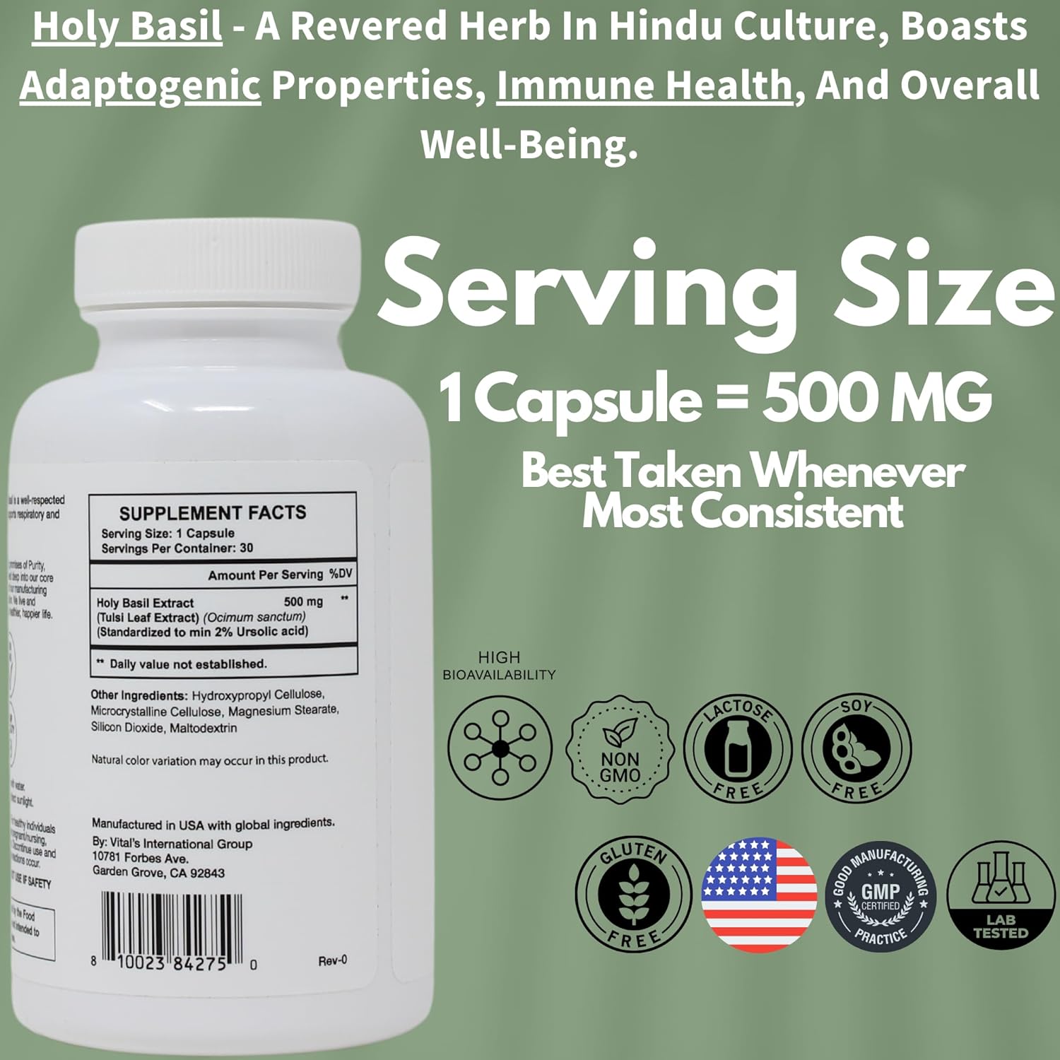 Pristine Holy Basil Leaf Capsules 500MG - Immunity & Relaxation Support - Adaptogen Supplement (3 Pack) - Vegan & Non-GMO - 90 Day Supply