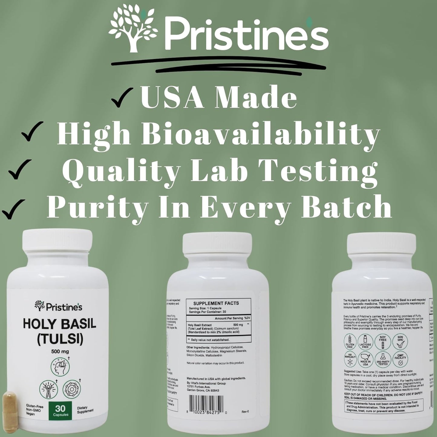 Pristine Holy Basil Leaf Capsules 500MG - Immunity & Relaxation Support - Adaptogen Supplement (3 Pack) - Vegan & Non-GMO - 90 Day Supply