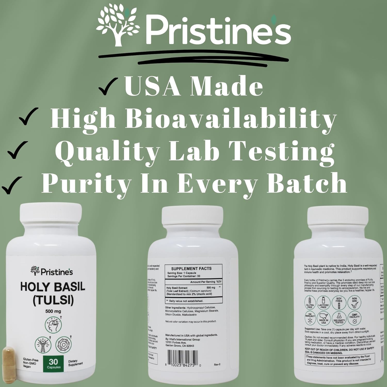 Pristine Holy Basil Leaf Capsules 500MG - Immunity & Relaxation Support - Adaptogen Supplement (3 Pack) - Vegan & Non-GMO - 90 Day Supply
