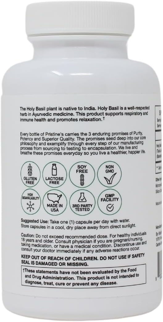 Pristine Holy Basil Leaf Capsules 500MG - Immunity & Relaxation Support - Adaptogen Supplement (3 Pack) - Vegan & Non-GMO - 90 Day Supply