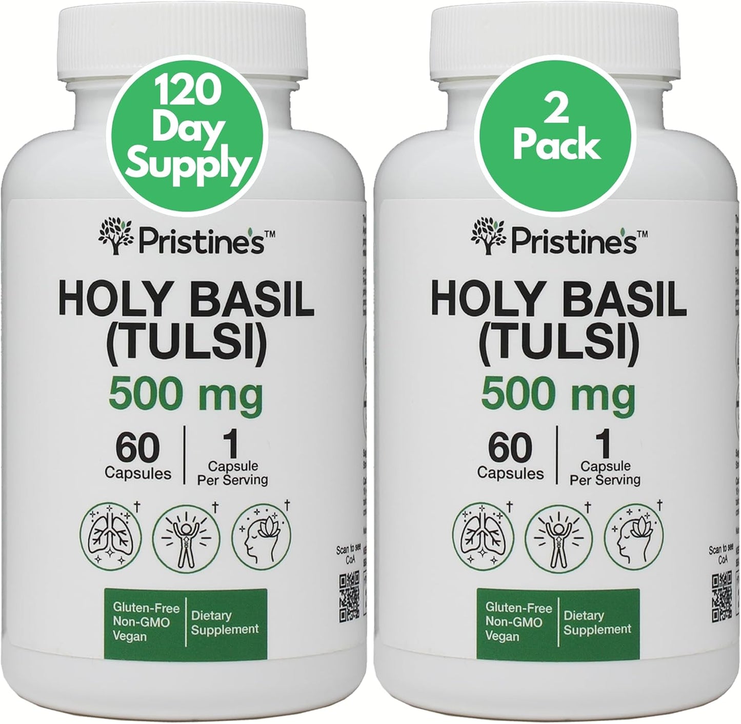 Pristine Holy Basil (Tulsi) 500mg Capsules - 2 Pack for Relaxation & Immunity - Vegan Adaptogen Supplement - Non-GMO & Gluten Free - 120 Day Supply