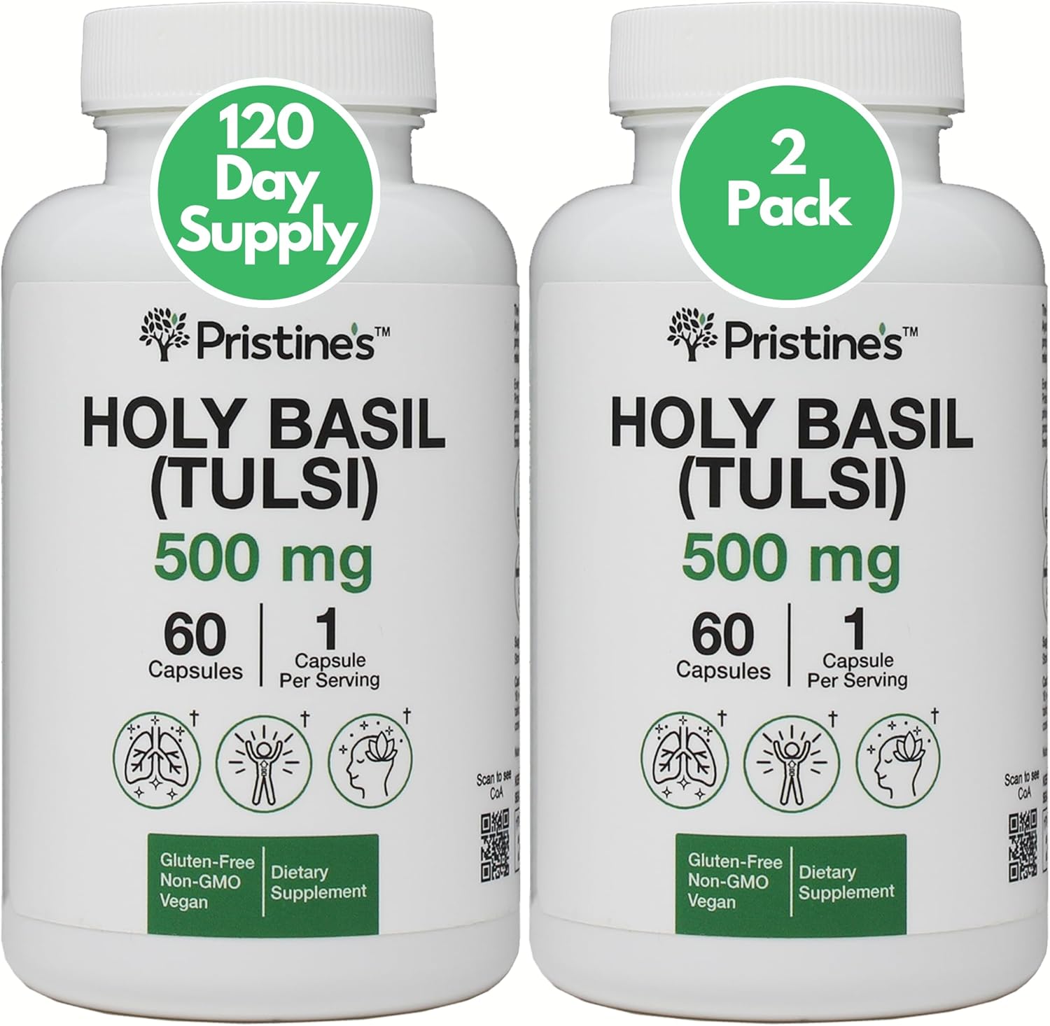 Pristine Holy Basil (Tulsi) 500mg Capsules - 2 Pack for Relaxation & Immunity - Vegan Adaptogen Supplement - Non-GMO & Gluten Free - 120 Day Supply