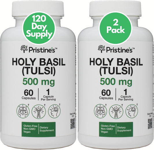 Pristine Holy Basil (Tulsi) 500mg Capsules - 2 Pack for Relaxation & Immunity - Vegan Adaptogen Supplement - Non-GMO & Gluten Free - 120 Day Supply
