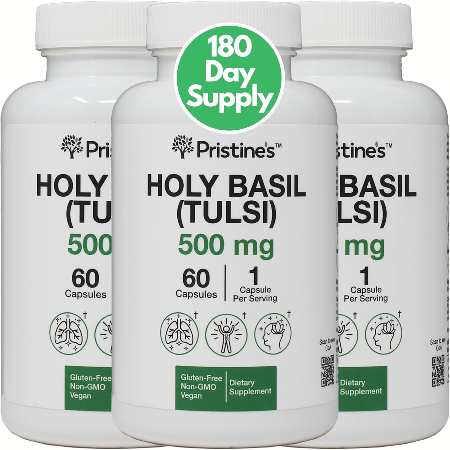 Pristine's Holy Basil Leaf Capsules 500mg - 180 Day Supply (3 Pack) for Relaxation & Immunity - Adaptogen Supplement - Vegan, Non-GMO, Gluten Free