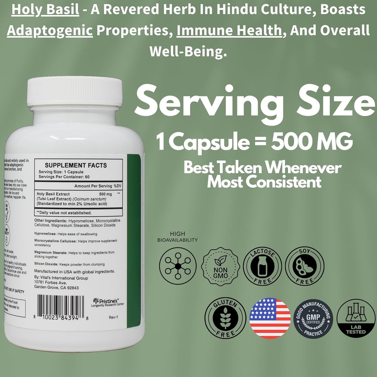 Pristine's Holy Basil Leaf Capsules 500mg - 180 Day Supply (3 Pack) for Relaxation & Immunity - Adaptogen Supplement - Vegan, Non-GMO, Gluten Free