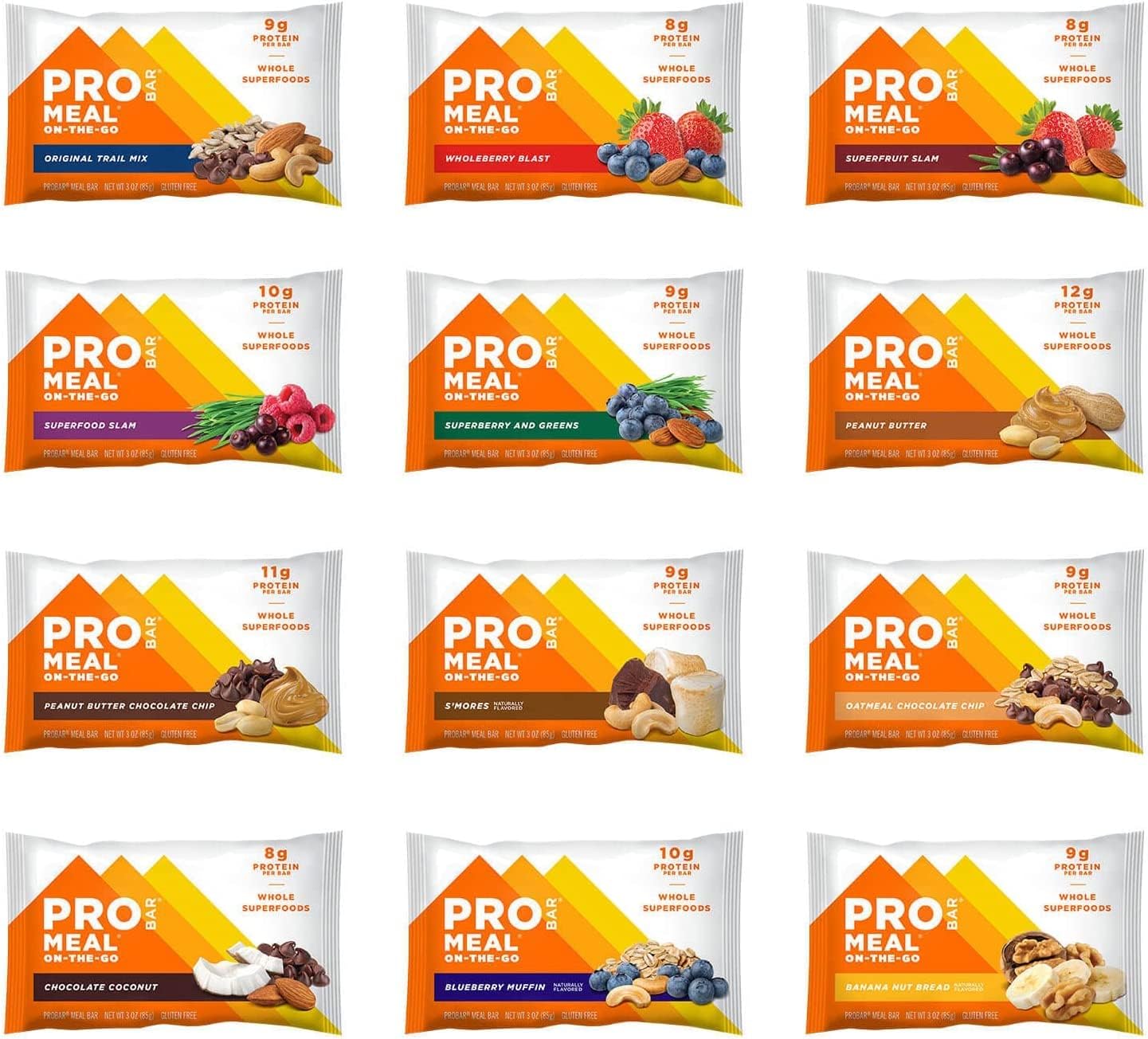 PROBAR Meal Bar 12 Flavor Variety Pack - Natural Energy, Non-GMO, Gluten-Free, Plant-Based Ingredients - 3 oz (Pack of 12)