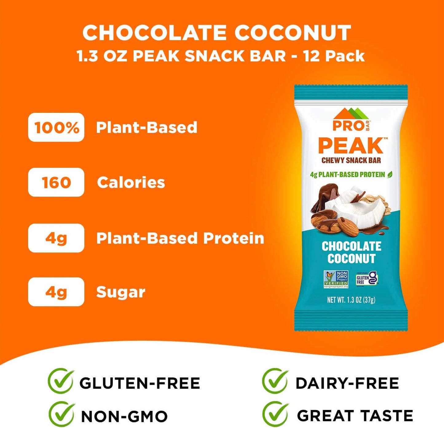PROBAR Peak Bar Chocolate Coconut Snack Bars - 4g Protein, Non-GMO, Gluten-Free (12 Pack)