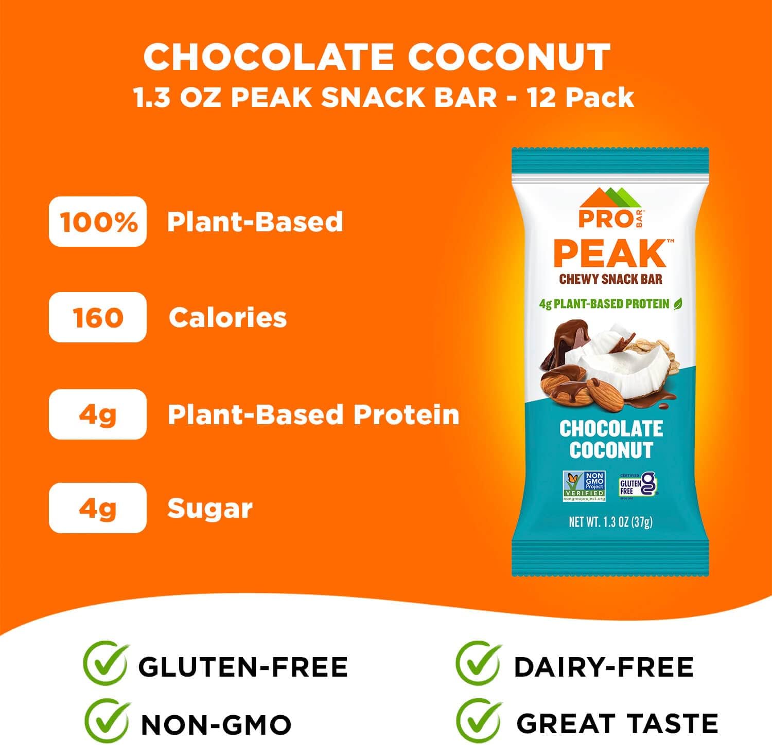 PROBAR Peak Bar Chocolate Coconut Snack Bars - 4g Protein, Non-GMO, Gluten-Free (12 Pack)