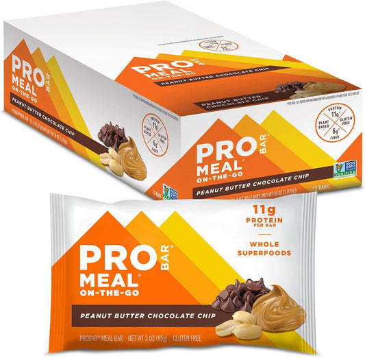 PROBAR Peanut Butter Chocolate Chip Meal Bars - 12 Count, Non-GMO, Gluten-Free, Plant-Based Whole Food Ingredients for Natural Energy