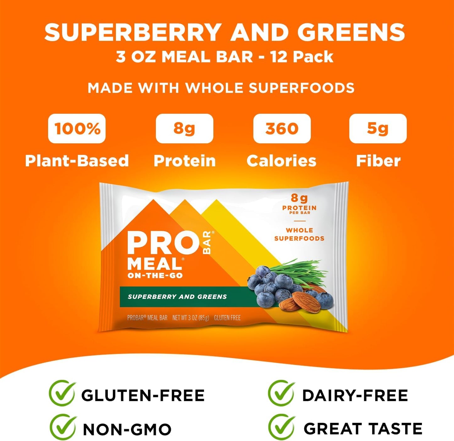 PROBAR Superberry & Greens Meal Bar - 12 Count, Plant-Based, Non-GMO, Gluten-Free, Natural Energy Boost