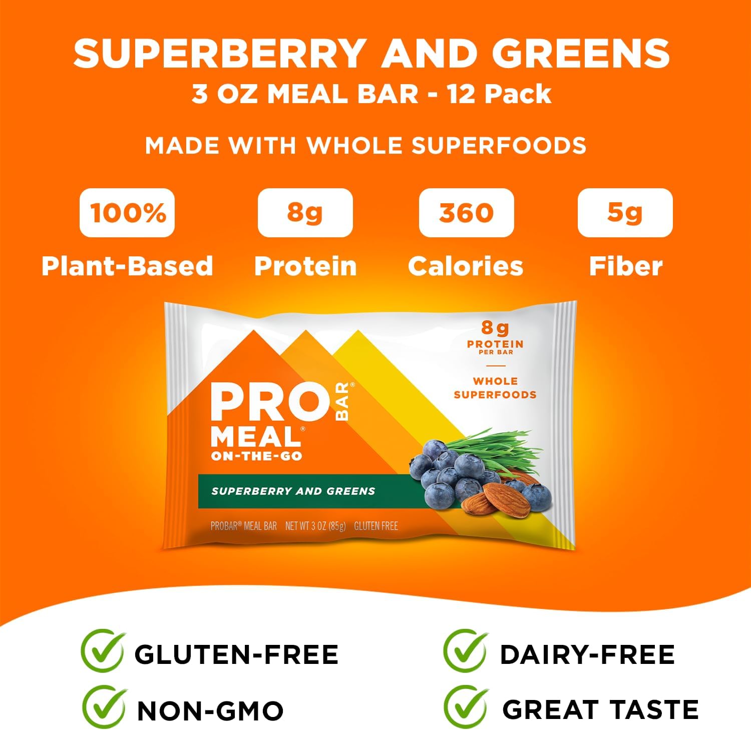 PROBAR Superberry & Greens Meal Bar - 12 Count, Plant-Based, Non-GMO, Gluten-Free, Natural Energy Boost