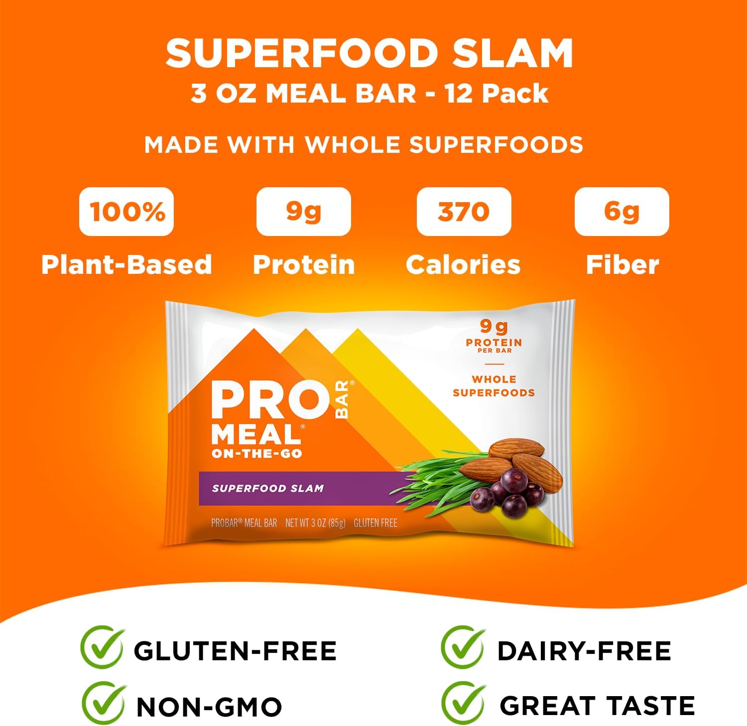 PROBAR Superfood Slam Meal Bars - Non-GMO, Gluten-Free, Plant-Based, Whole-Food Ingredients for Natural Energy - 12 Count