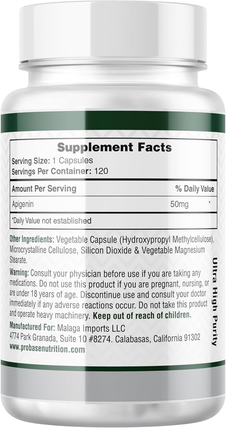 Probase Nutrition Apigenin Capsules 50mg - Non-GMO, Vegan, Gluten Free - Herbal Relaxation Support - 4 Month Supply