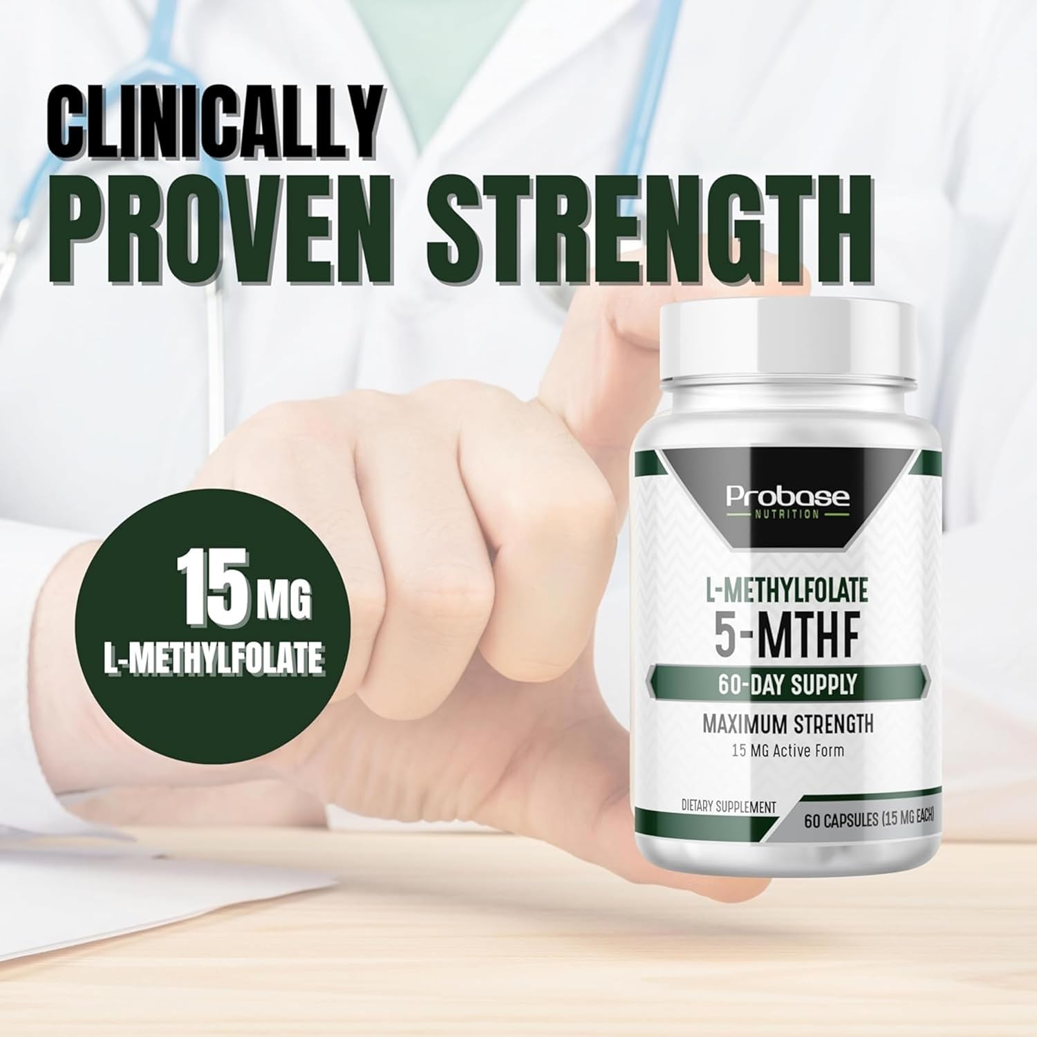 Probase Nutrition L-Methyl Folate 15mg Capsules - Professional Strength 5-MTHF Formula for Mood, Methylation, and Cognition - Vegan and Gluten-Free - 60 Count
