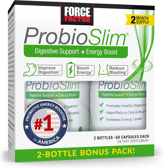 ProbioSlim Probiotic Supplement for Digestive Health - 120 Capsules Twin Pack with Probiotics and Green Tea Extract for Men and Women - Reduce Gas, Bloating, Constipation - Gut Health Support
