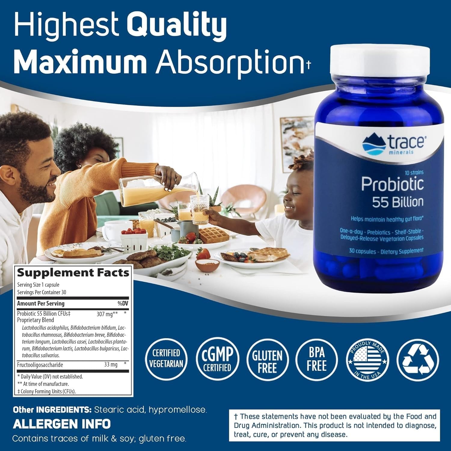 Probiotic 55 Billion with Trace Minerals - Gut Health Support Supplement - Boost Digestive Health with Probiotics & Prebiotics - 30 Capsules