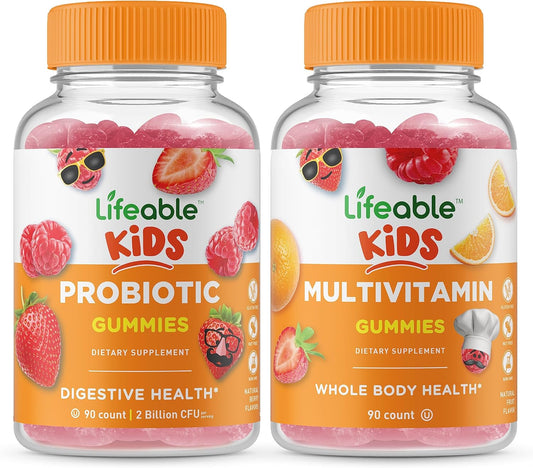 Probiotic and Multivitamin Gummies Bundle for Kids - 2 Billion CFU, Gluten Free, GMO Free, Chewable with Great Taste