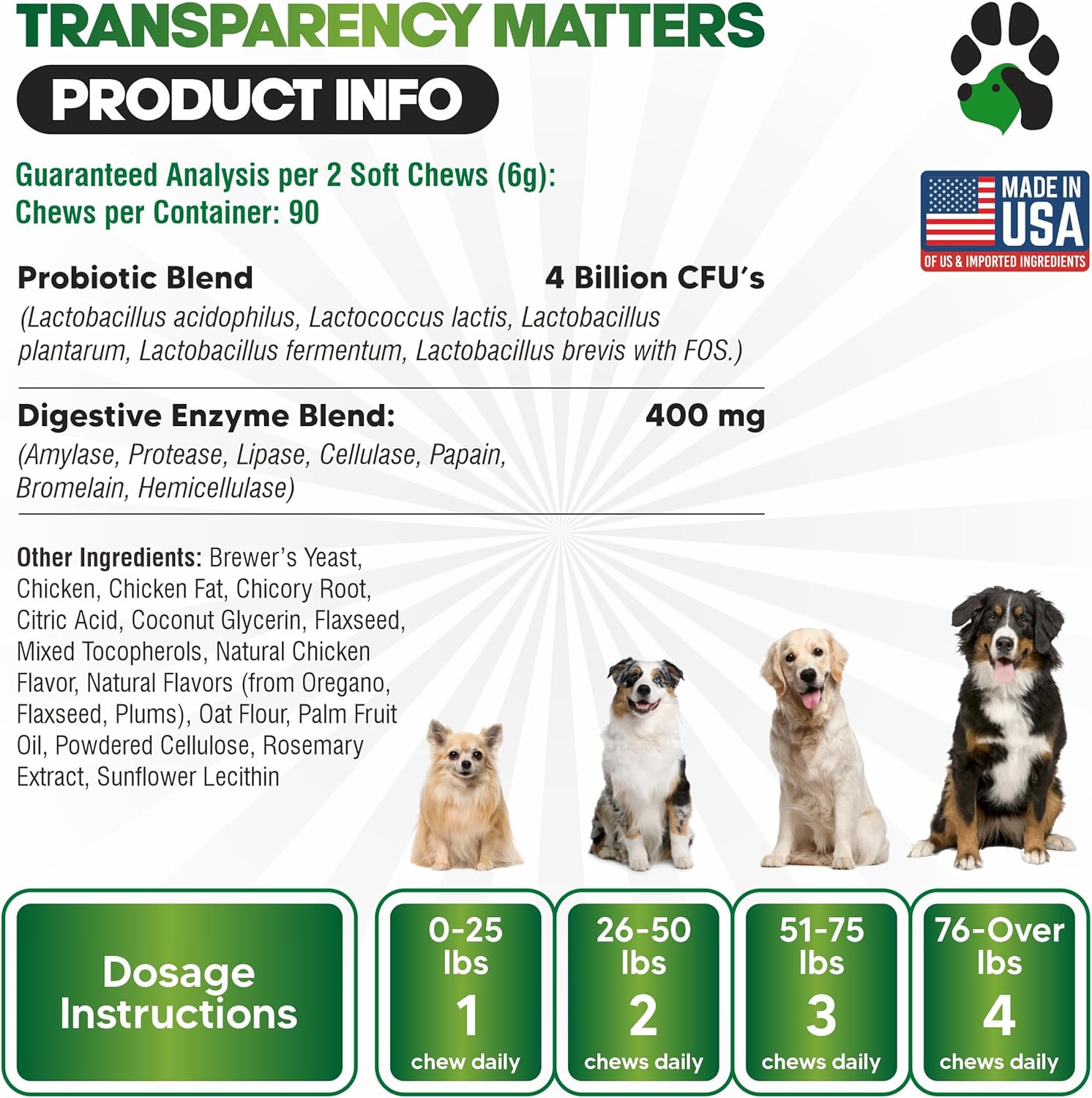Probiotic Chews for Dogs - Supports Digestive Health & Gut Flora - Prebiotics & Enzymes - 90 Chews