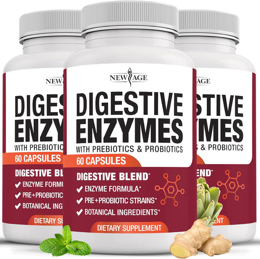 Probiotic Digestive Enzymes with Prebiotics for Gut Health - 180 Count for Men and Women, Daily Digestive Support with Lipase