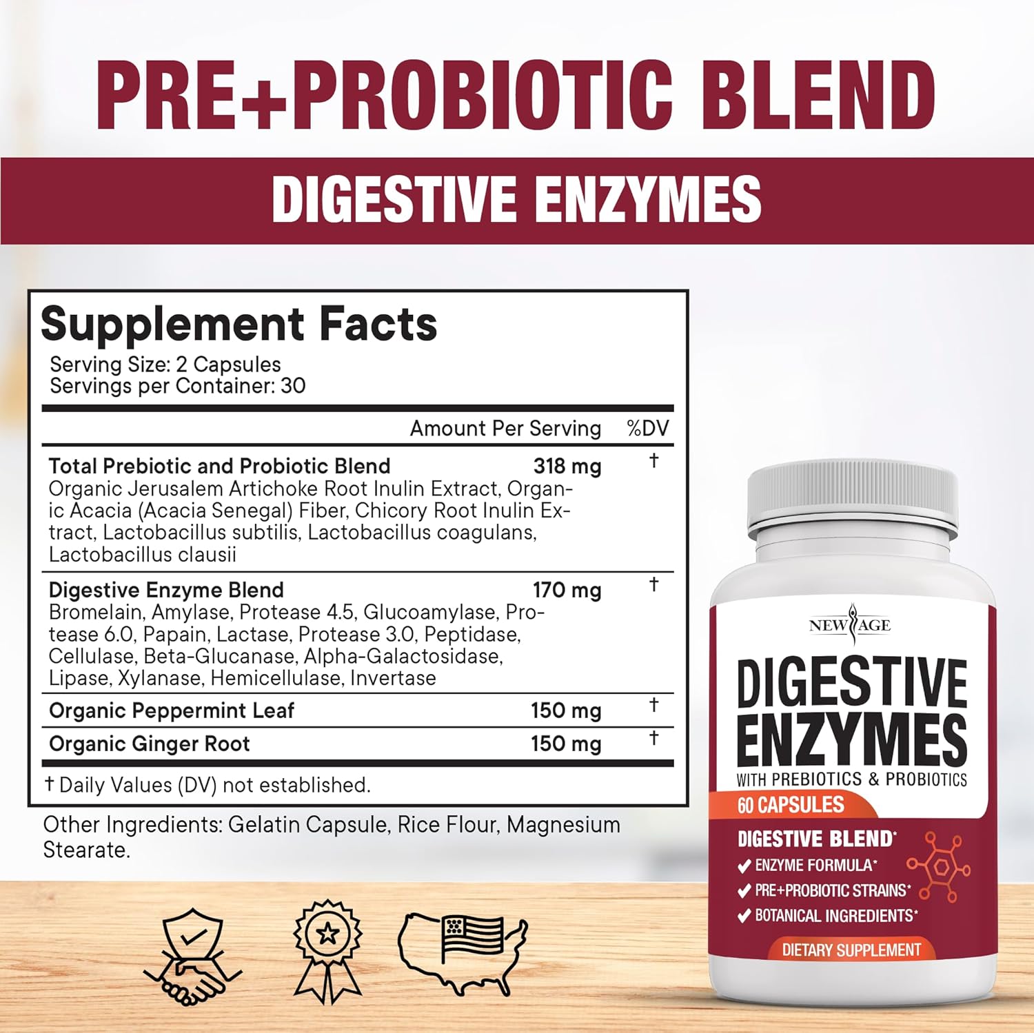 Probiotic Digestive Enzymes with Prebiotics for Gut Health - 180 Count for Men and Women, Daily Digestive Support with Lipase