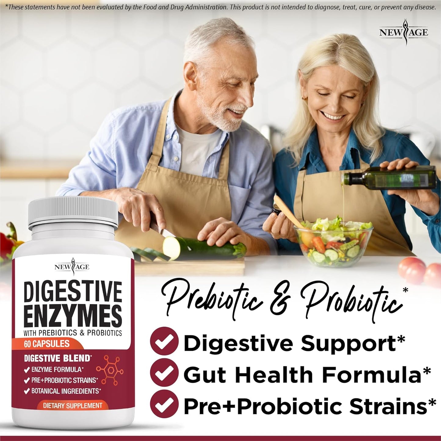 Probiotic Digestive Enzymes with Prebiotics for Gut Health - 180 Count for Men and Women, Daily Digestive Support with Lipase