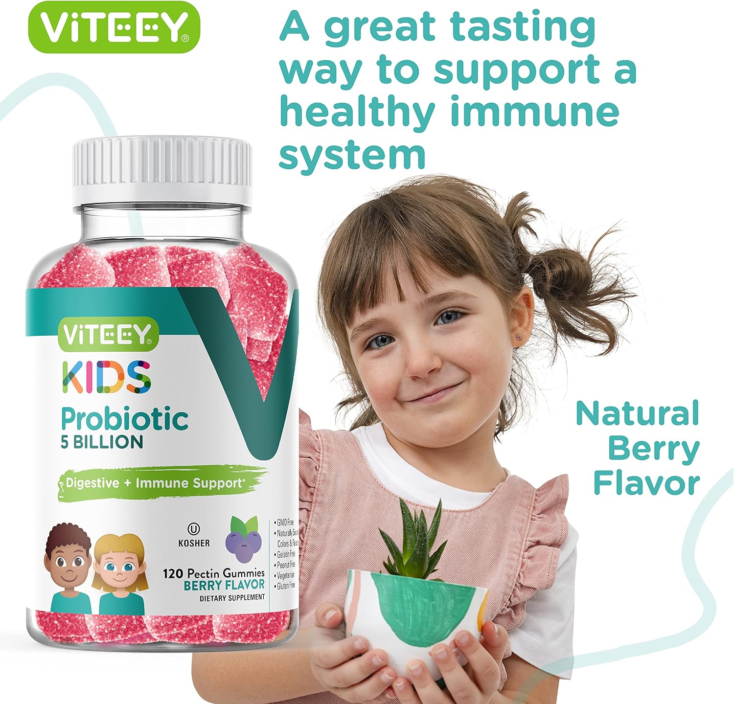 Probiotic Gummies for Kids - 5 Billion CFUs - Constipation Relief, Immune & Digestive Support - Vegetarian, Gelatin & GMO Free - Berry Flavored Chewable Gummy