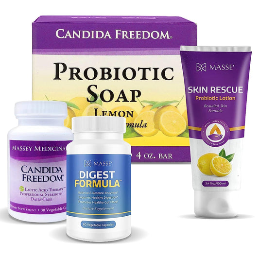 Probiotic Lemon Body Soap, Skin Rescue Lotion & Digestive Supplement for Candida Balance & Gut Health