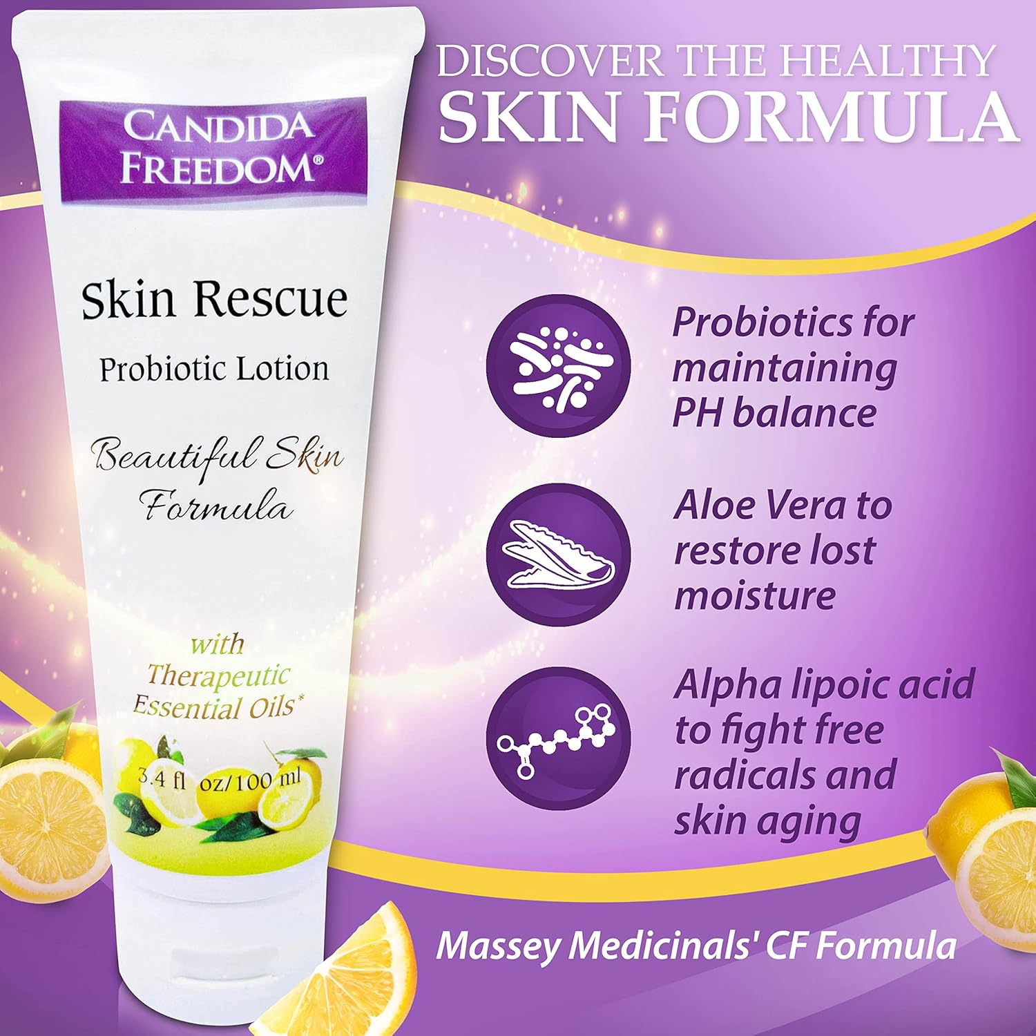 Probiotic Lemon Body Soap, Skin Rescue Lotion & Digestive Supplement for Candida Balance & Gut Health