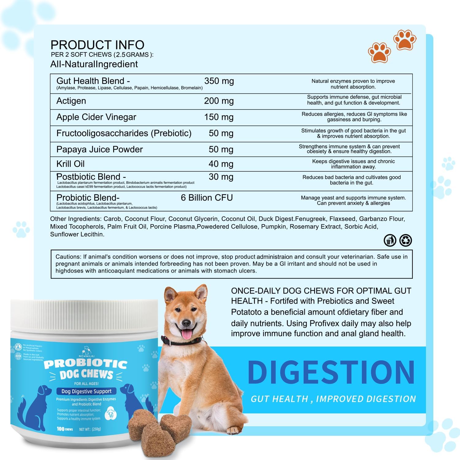 Probiotic Soft Chews for Dogs: Digestive & Immune Support, Prebiotic Supplement, Beef Flavor - 100 Chews