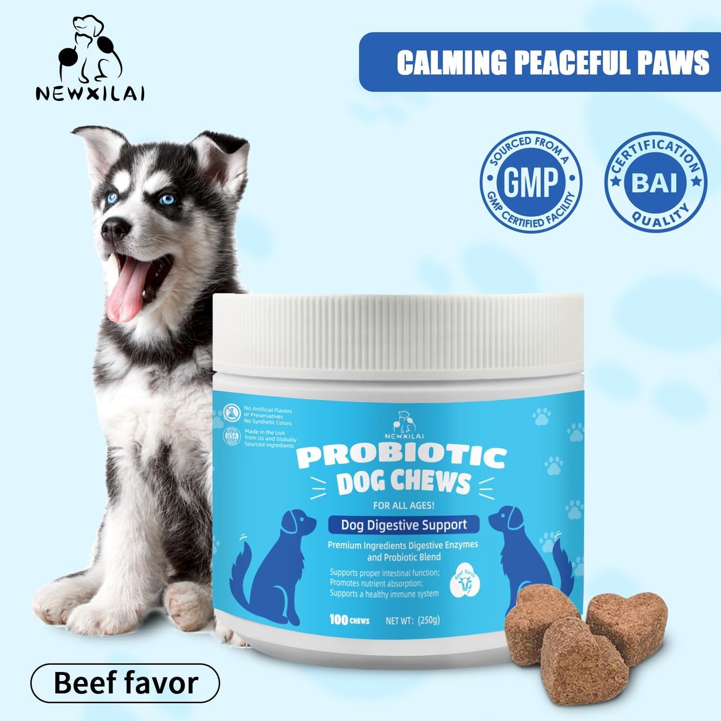 Probiotic Soft Chews for Dogs: Digestive & Immune Support, Prebiotic Supplement, Beef Flavor - 100 Chews
