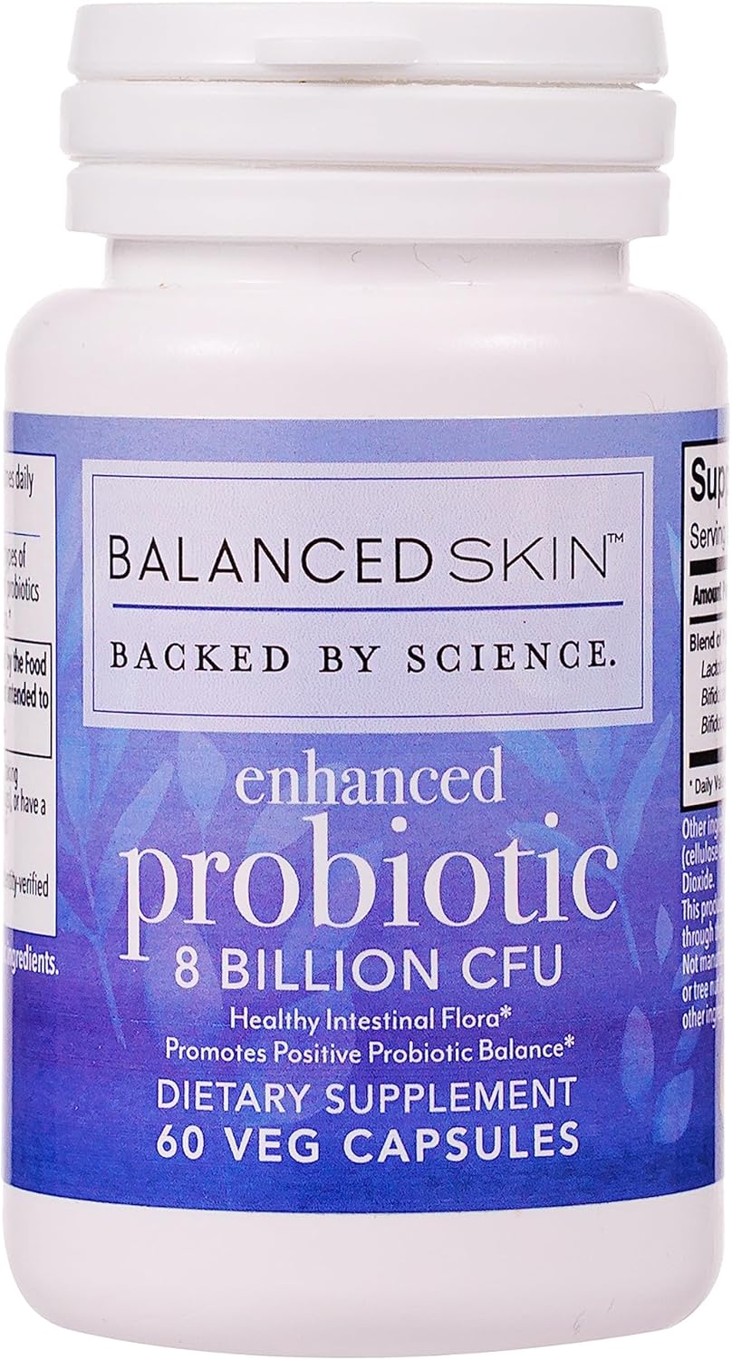 Probiotic Supplement for Balanced Skin & Digestive Health - 8 Billion CFU, 3 Strains, 60 Capsules, Vegetarian, Non-GMO