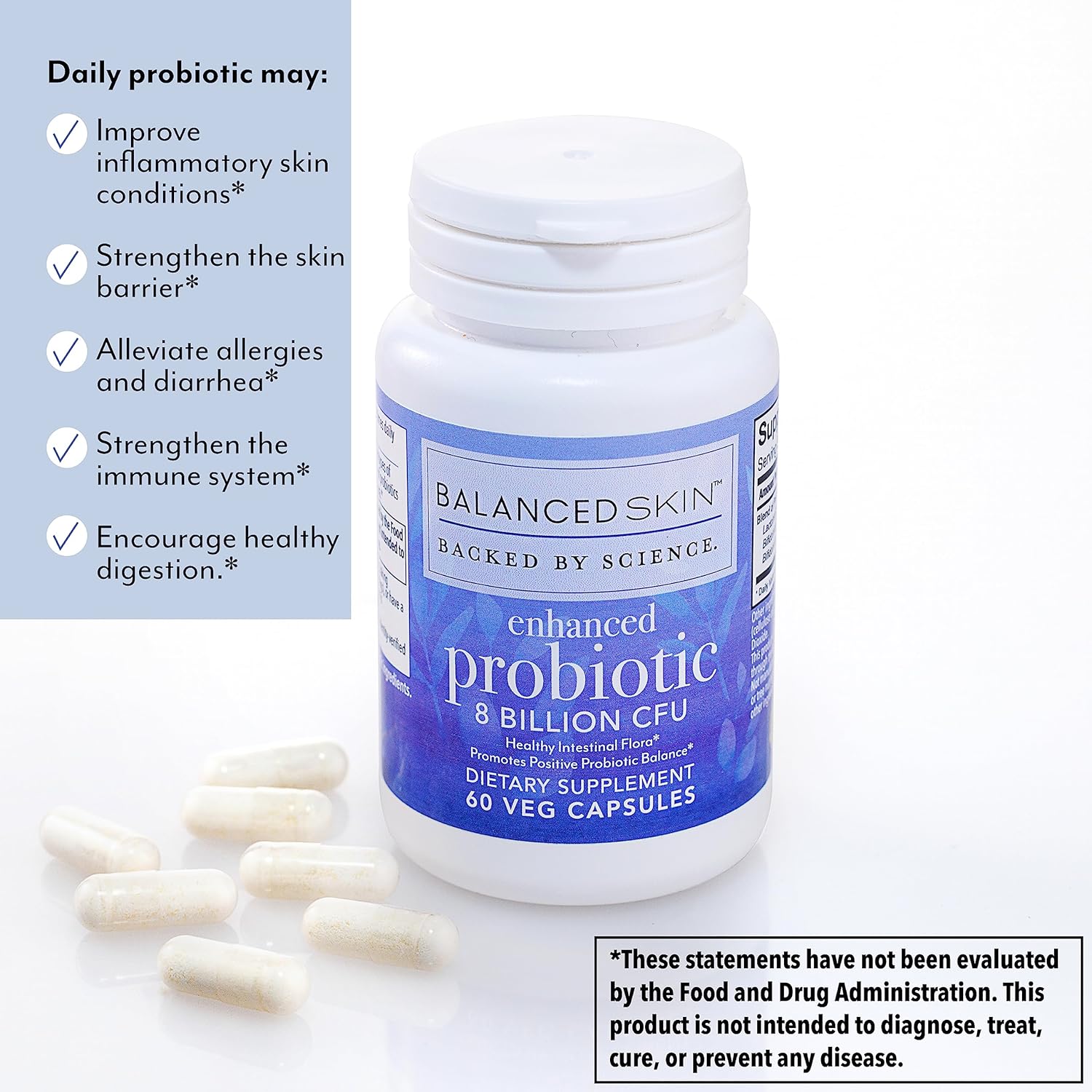 Probiotic Supplement for Balanced Skin & Digestive Health - 8 Billion CFU, 3 Strains, 60 Capsules, Vegetarian, Non-GMO