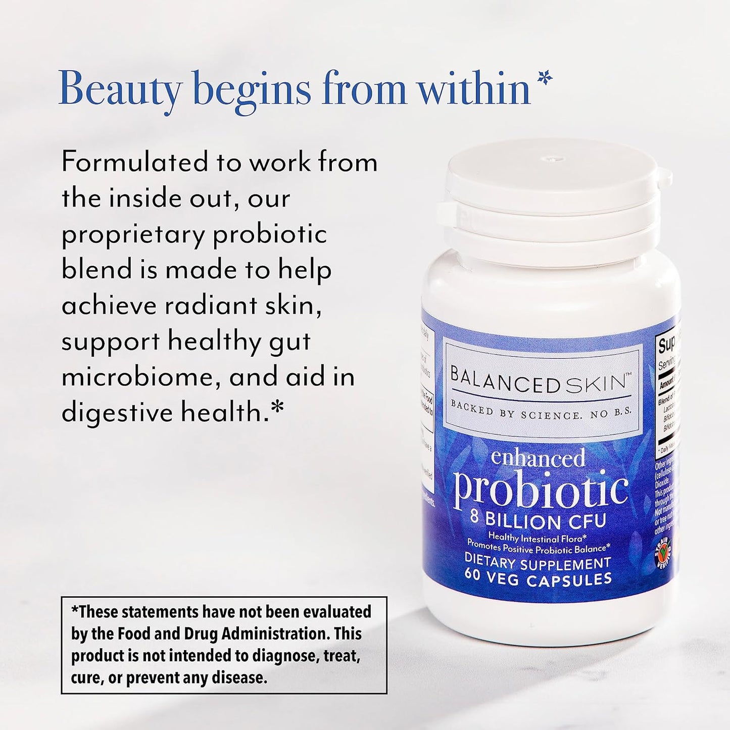Probiotic Supplement for Balanced Skin & Digestive Health - 8 Billion CFU, 3 Strains, 60 Capsules, Vegetarian, Non-GMO