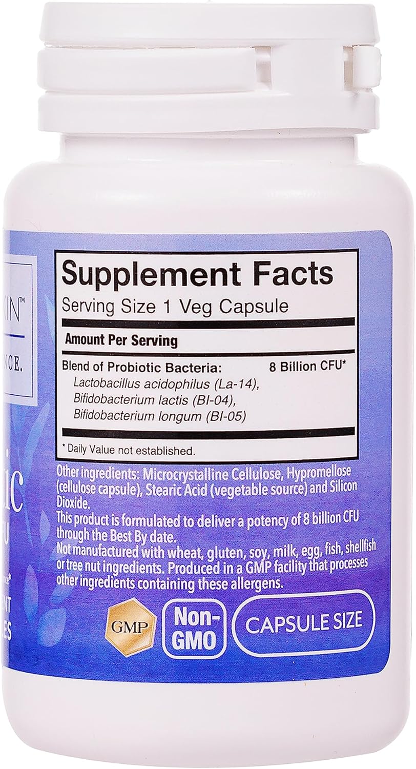 Probiotic Supplement for Balanced Skin & Digestive Health - 8 Billion CFU, 3 Strains, 60 Capsules, Vegetarian, Non-GMO