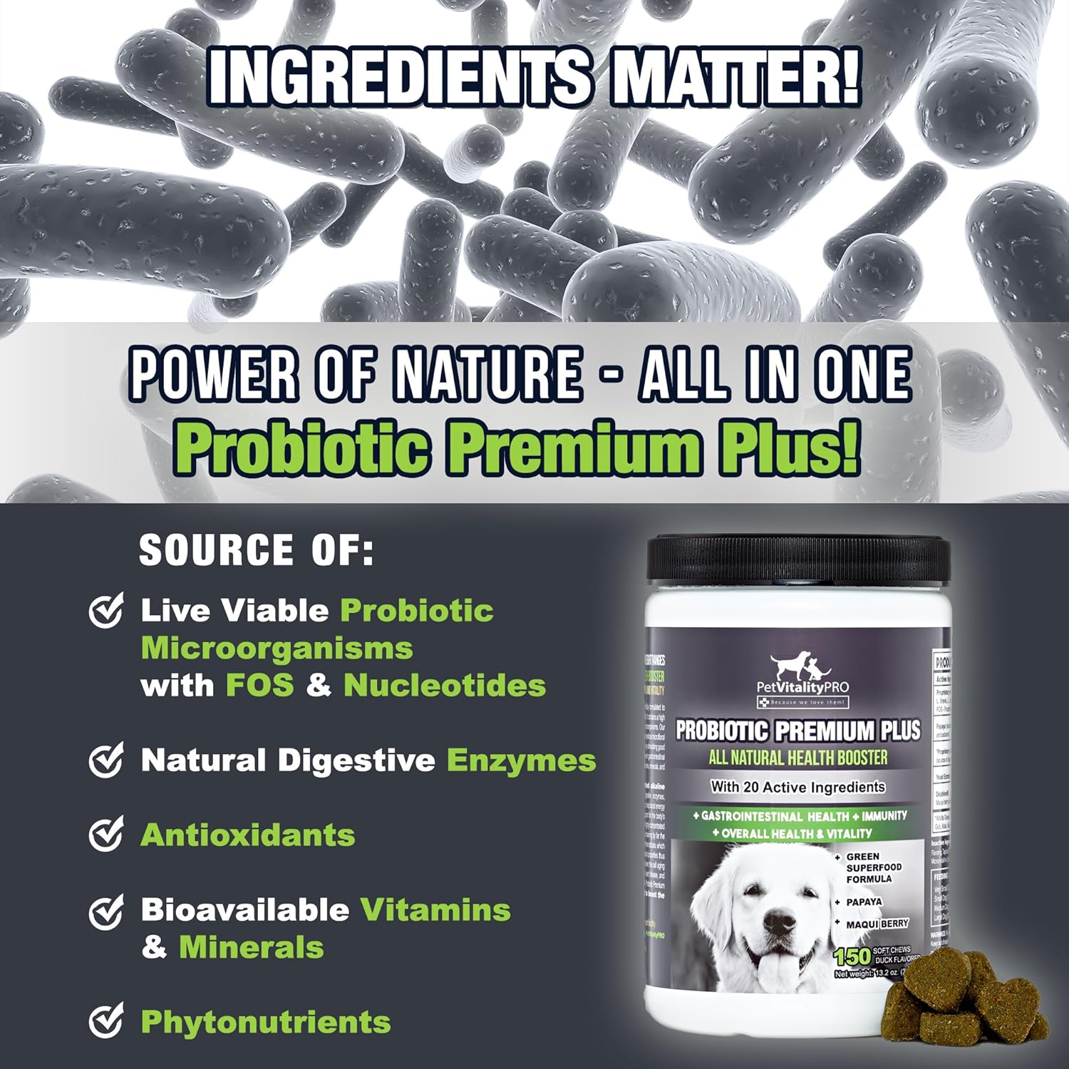 Probiotics for Dogs with Natural Digestive Enzymes - 4 Billion CFUs - 2 Soft Chews - Helps with Diarrhea, Upset Stomach, Immunity, Allergies, and Skin Issues - 150 Count
