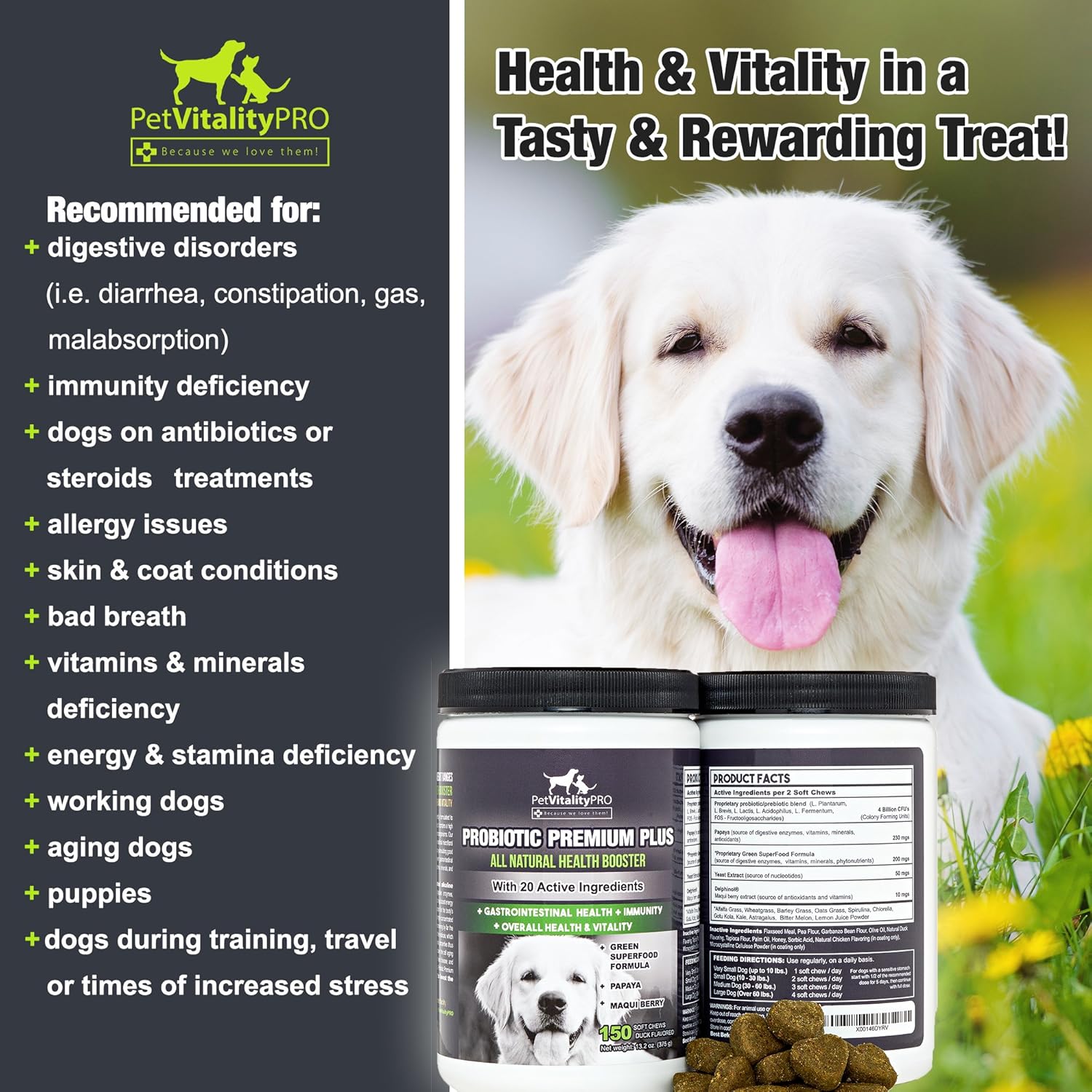 Probiotics for Dogs with Natural Digestive Enzymes - 4 Billion CFUs - 2 Soft Chews - Helps with Diarrhea, Upset Stomach, Immunity, Allergies, and Skin Issues - 150 Count