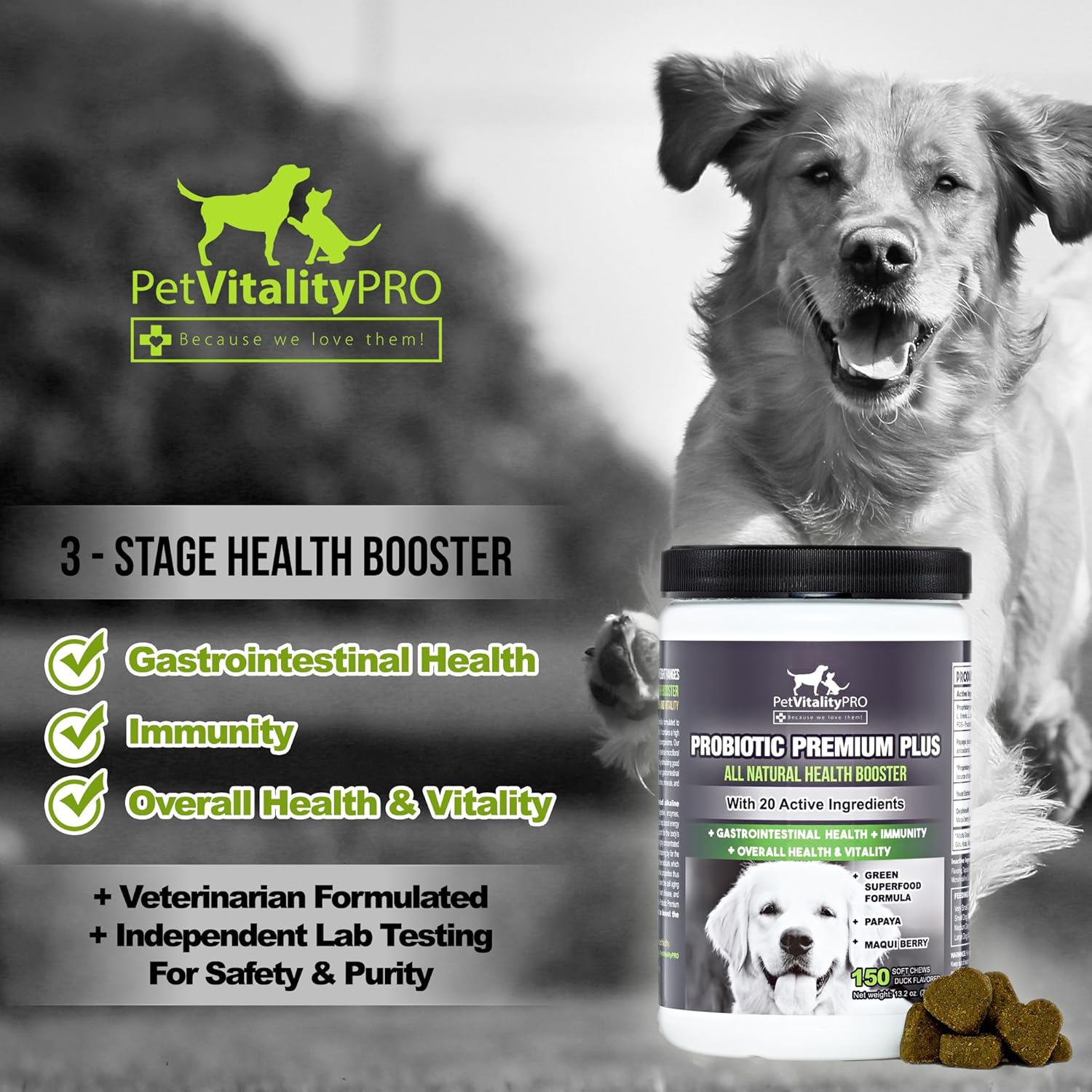 Probiotics for Dogs with Natural Digestive Enzymes - 4 Billion CFUs - 2 Soft Chews - Helps with Diarrhea, Upset Stomach, Immunity, Allergies, and Skin Issues - 150 Count