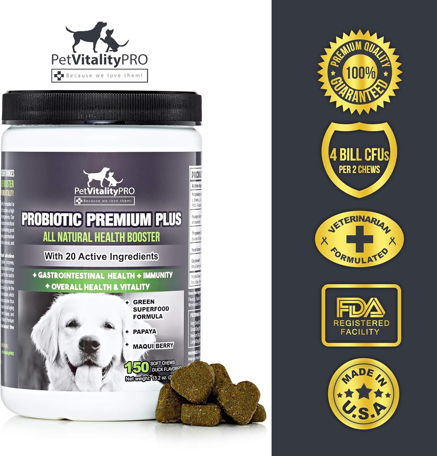 Probiotics for Dogs with Natural Digestive Enzymes - 4 Billion CFUs - 2 Soft Chews - Helps with Diarrhea, Upset Stomach, Immunity, Allergies, and Skin Issues - 150 Count