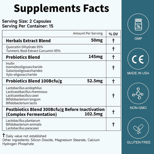 Probiotics for Gut Health & Immune Support - 35B CFUs, Prebiotics, Postbiotics, Quercetin & Curcumin - Men & Women Shelf Stable