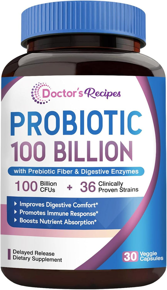 Probiotics for Women & Men - 100 Billion CFUs, Organic Prebiotic Fiber & Enzymes, Digestive & Immune Support - 30 Capsules