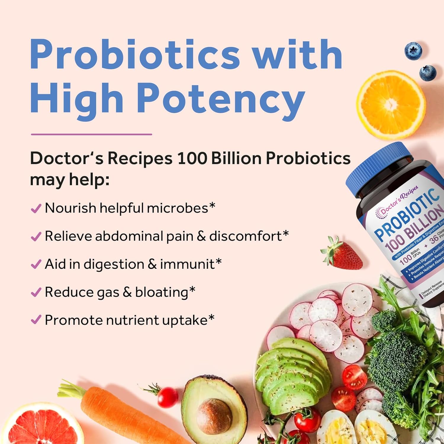 Probiotics for Women & Men - 100 Billion CFUs, Organic Prebiotic Fiber & Enzymes, Digestive & Immune Support - 30 Capsules