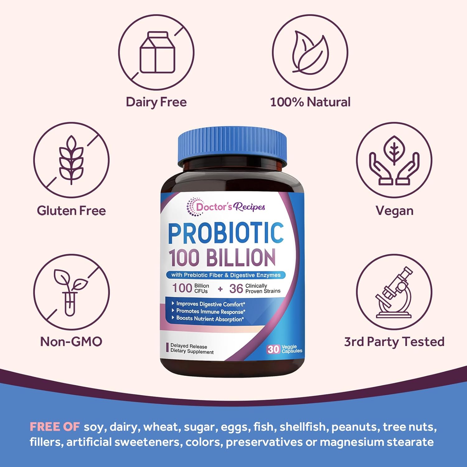 Probiotics for Women & Men - 100 Billion CFUs, Organic Prebiotic Fiber & Enzymes, Digestive & Immune Support - 30 Capsules