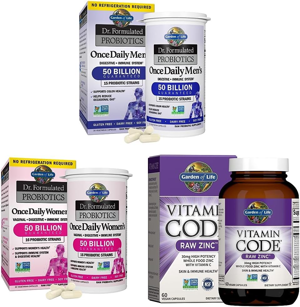 Probiotics & Zinc Supplements Bundle: Garden of Life 30 Capsules + Dr. Formulated 30 Capsules + High Potency Raw Zinc & Vitamin C Multimineral Supplement 60 Capsules