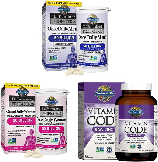 Probiotics & Zinc Supplements Bundle: Garden of Life 30 Capsules + Dr. Formulated 30 Capsules + High Potency Raw Zinc & Vitamin C Multimineral Supplement 60 Capsules
