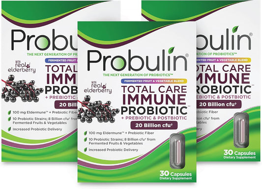 Probulin Total Care Immune Supplement with Elderberry - 20 Billion CFU, 10 Strains - Prebiotics, Probiotics, Postbiotics for Gut Health - 90 Vegan Capsules