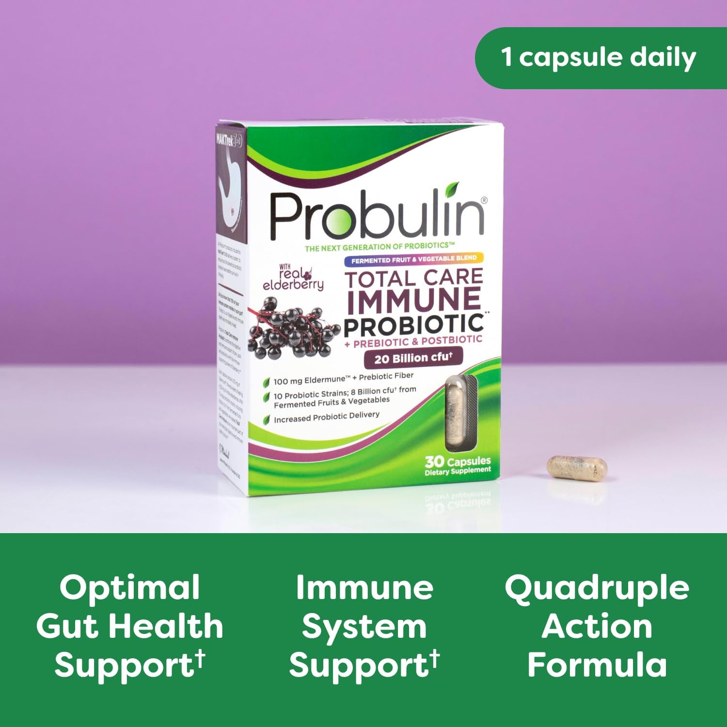 Probulin Total Care Immune Supplement with Elderberry - 20 Billion CFU, 10 Strains - Prebiotics, Probiotics, Postbiotics for Gut Health - 90 Vegan Capsules