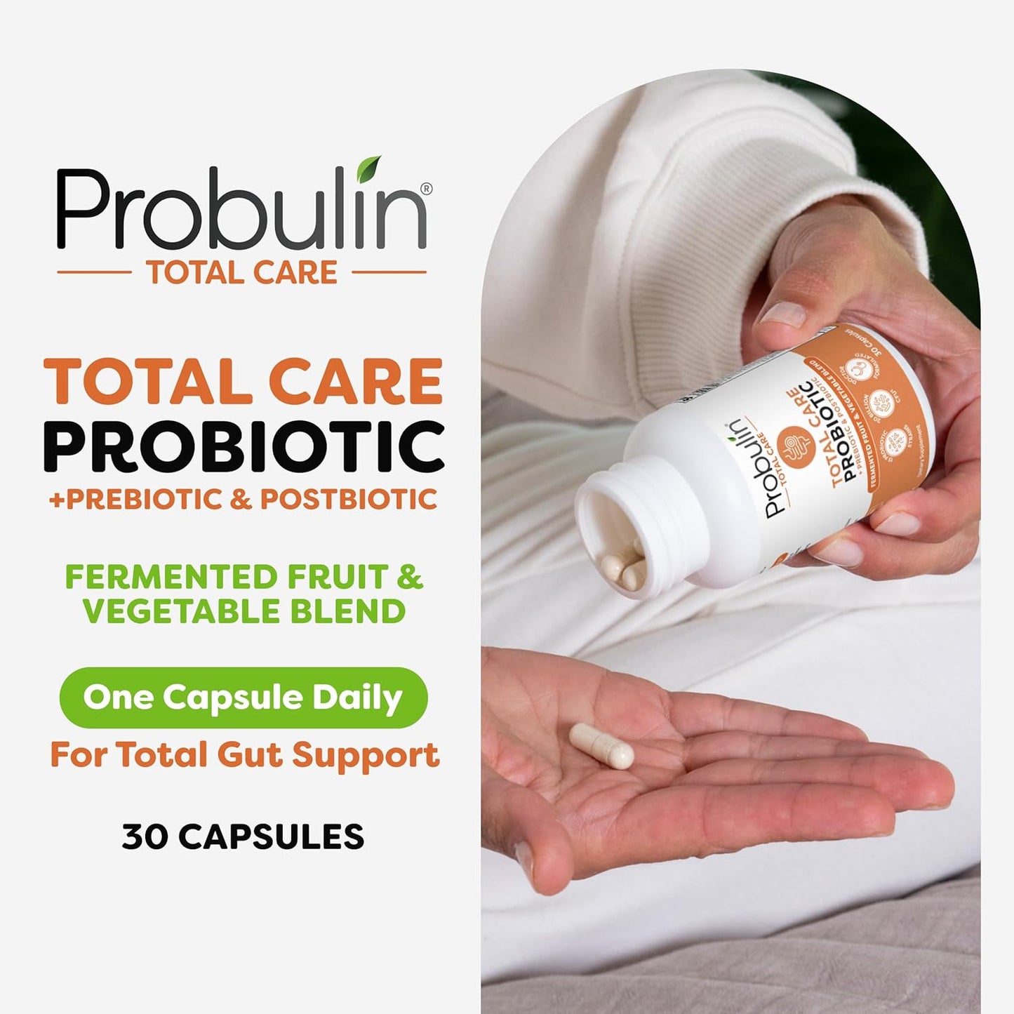 Probulin Total Care Probiotic Supplement for Daily Gut, Digestive, and Immune Health - 20 Billion CFU Capsules for Men and Women, Vegan - 30 Count Bottle