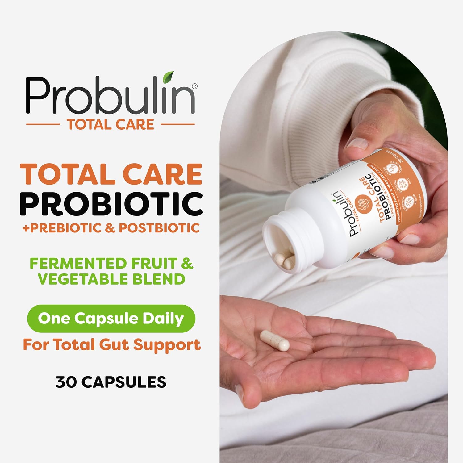Probulin Total Care Probiotic Supplement for Daily Gut, Digestive, and Immune Health - 20 Billion CFU Capsules for Men and Women, Vegan - 30 Count Bottle